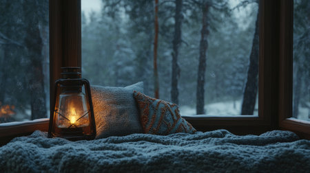 A cozy cabin scene featuring a glowing lantern and a snowy window view. This tranquil space invites relaxation and warmth on a chilly winter evening.の素材