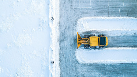 Aerial view of a snowplow clearing a snow-covered parking lot. The bright yellow vehicle contrasts with the white snow and grey asphalt, showcasing winter maintenance.の素材