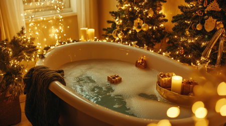 A cozy bath scene featuring a luxurious tub filled with foam, surrounded by holiday decor, candles, and twinkling lights, perfect for relaxation.の素材