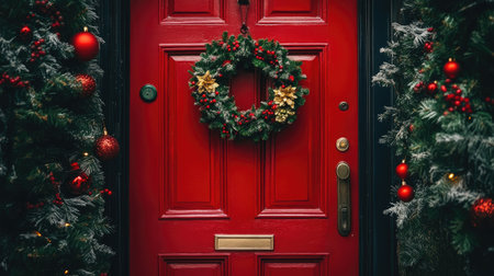 A vibrant red door adorned with a festive wreath and holiday decorations, creating a warm and inviting atmosphere for the winter season. Perfect for celebrations!の素材