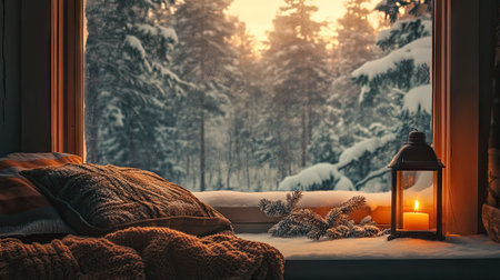 A cozy winter scene featuring a picturesque window view of a snowy forest. The warm glow from a lantern and soft blankets create a tranquil atmosphere.の素材