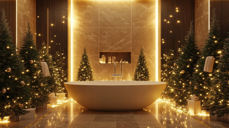 A luxurious Christmas-themed bathroom featuring a stylish tub surrounded by beautifully decorated trees and twinkling lights, creating a warm and festive ambiance.の素材