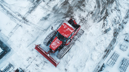A red snow plow stands still on a snowy ground, captured from above, showcasing its tracks and blade, highlighting winter maintenance and machinery.の素材