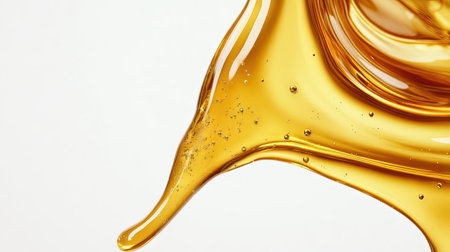 A stunning close-up of golden oil dripping, showcasing its glossy texture and smooth flow. Ideal for culinary and health-related projects.の素材