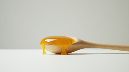 A closeup of a honey droplet resting on a wooden spoon. This image captures the rich golden hue and texture, perfect for culinary and food-related themes.の素材