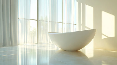 A serene modern bathroom featuring a stylish tub illuminated by natural light. The bright space embraces minimalism, enhancing the feeling of tranquility and comfort.の素材