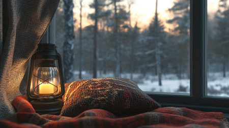 A cozy winter scene featuring a glowing lantern next to a soft blanket and pillow by a window, offering a tranquil view of a snowy forest at sunset.の素材