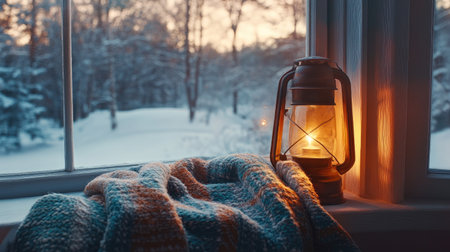 A serene winter scene featuring a glowing lantern beside a colorful blanket on a window sill, framing a snowy landscape at twilight.の素材