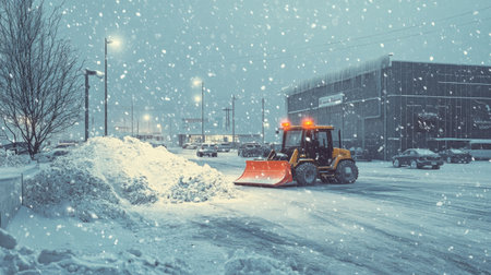 A snowplow clears heavy snow from a city street at night, surrounded by falling snowflakes. The illuminated scene captures winter's beauty and challenges.の素材