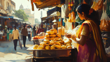 A busy street vendor selling authentic Gujarati snacks, framed by the bustling energy of a vibrant market.の素材