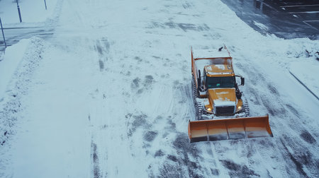 A snow plow truck actively clears a snowy urban road, showcasing winter maintenance in action. The scene captures a snowy landscape with clear operational focus.の素材