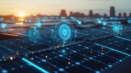 A stunning futuristic view of solar panels at sunset, featuring glowing digital elements. This image represents innovation in renewable energy and technology.の素材
