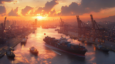 A busy port at sunset with ships and containers in motion.の素材
