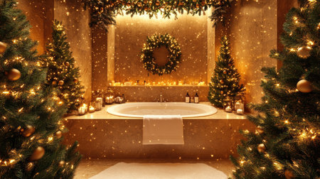 A charming bathroom scene beautifully adorned for the holidays, featuring lush trees, glowing candles, a decorative wreath, and a tranquil atmosphere perfect for relaxation.の素材