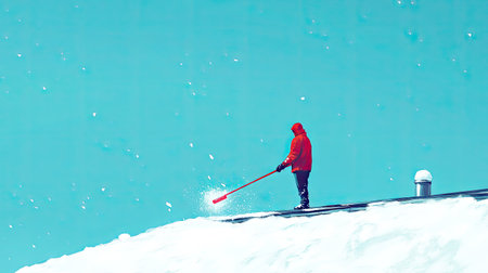A man in a red jacket shovels snow from a roof on a bright winter day, capturing the serene and chilly atmosphere of the snowy season.の素材