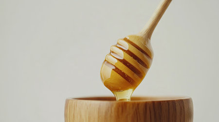A close-up image of honey dripping from a wooden dipper into a bowl, showcasing the smooth texture and rich amber color, ideal for food-related themes.の素材