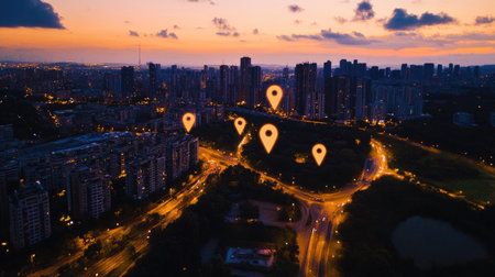A stunning aerial view of a city skyline at dusk, featuring glowing location pins overlaid on the landscape. Ideal for travel and navigation themes.の素材