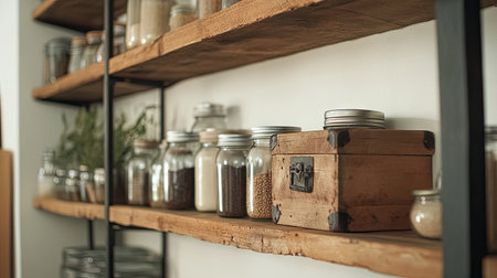 A rustic kitchen shelf showcasing jars and a wooden box, perfect for storing herbs and spices. Emphasizes natural materials and organization.の素材