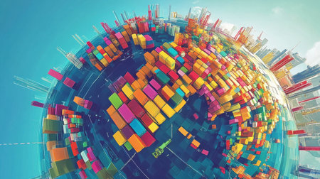 A colorful network of shipping hubs illustrated around a digital globe.の素材