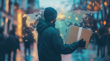 A courier delivering a package with a world map in the background.の素材