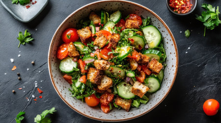 A bowl of panzanella salad with tomatoes, cucumbers, and croutons.の素材