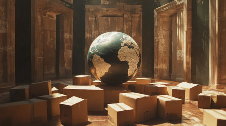 A globe surrounded by cardboard boxes, symbolizing global shipping.の素材