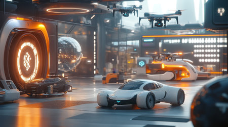 A futuristic delivery hub showcasing drones, vehicles, and logistics tech.の素材