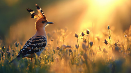 A hoopoe bird foraging in a meadow at dawn, with delicate rays of sunlight filtering through the background.の素材