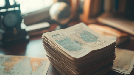 A stack of international shipping labels on a desk.の素材