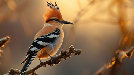 Close-up of an Eurasian hoopoe bird perched on a branch, bathed in the soft light of early morning.の素材