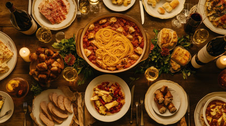 A table spread with Italian dishes, including pasta, wine, and antipasti.の素材