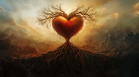 Artistic depiction of a heart growing strong roots into the earth, emphasizing renewal and strength.の素材