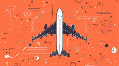 Airplane icon in flat design on a solid orange background, surrounded by simple travel-related shapes.の素材