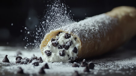 Cannoli filled with ricotta and chocolate chips, dusted with powdered sugar.の素材