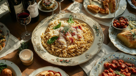 A table spread with Italian dishes, including pasta, wine, and antipasti.の素材