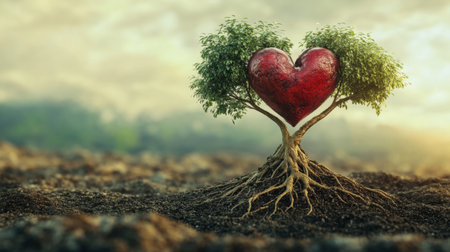 Artistic depiction of a heart growing strong roots into the earth, emphasizing renewal and strength.の素材
