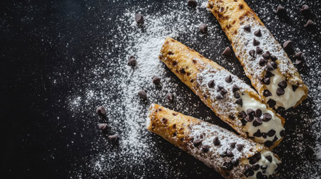 Cannoli filled with ricotta and chocolate chips, dusted with powdered sugar.の素材