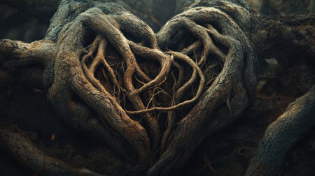 Digital art of intertwined roots forming the shape of a heart, portraying resilience and unity.の素材