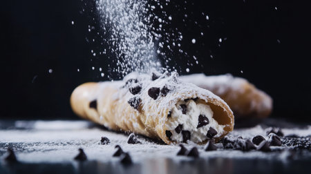 Cannoli filled with ricotta and chocolate chips, dusted with powdered sugar.の素材