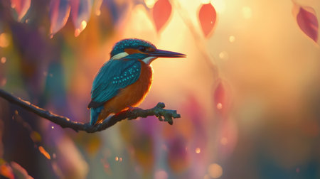 Close-up of a vibrant European kingfisher perched on a branch, with its feathers gleaming in soft light.の素材