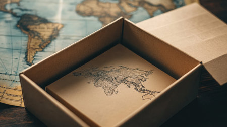 An open box revealing contents with a world map in the background.の素材