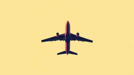 Flat-style airplane soaring over a pastel yellow backdrop, perfect for travel promotions or airline advertisements.の素材