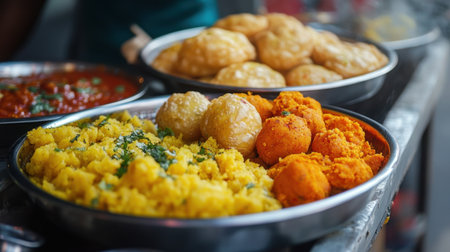 Close-up of colorful Gujarati street food, including dhokla and kachori, served on traditional plates.の素材
