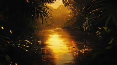 Dusk in the wetlands with golden light reflecting on the water surface, framed by darkened foliage.の素材