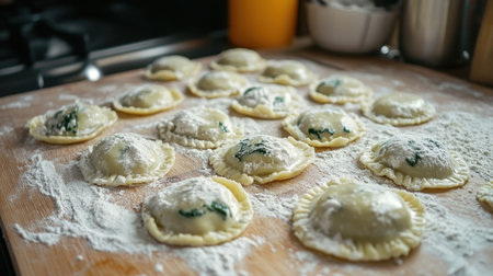 Freshly made Italian ricotta and spinach ravioli on a floured wooden surface.の素材