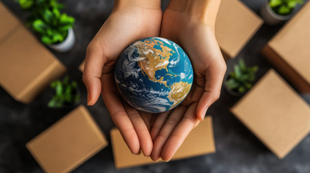 Hands holding a miniature globe with cardboard boxes nearby.の素材
