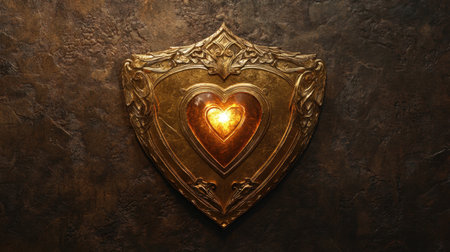 Golden shield with a radiant heart emblem at the center, evoking strength and compassion.の素材