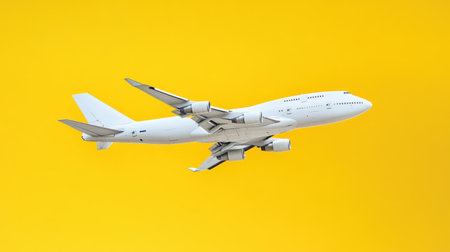 Flat-style airplane soaring over a pastel yellow backdrop, perfect for travel promotions or airline advertisements.の素材