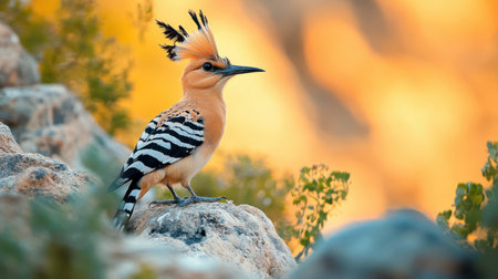 Hoopoe bird standing on a rock, framed by soft morning hues, showcasing its distinctive plumage.の素材