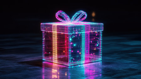 Digital wireframe of a gift box illuminated in vibrant colors, symbolizing holiday excitement and futuristic concepts.の素材